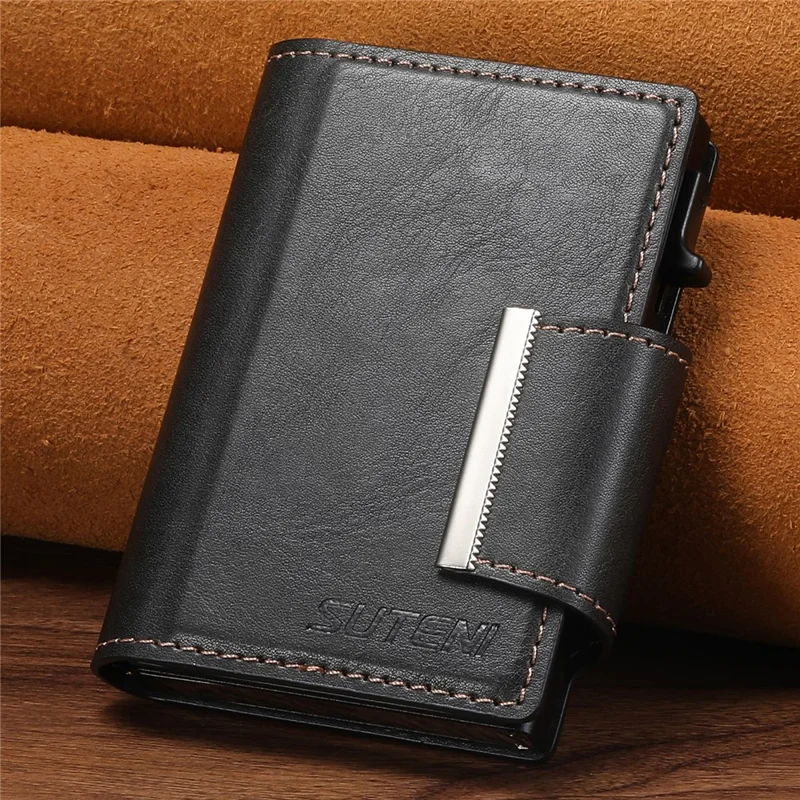 SUTENI Étui à Cartes Magnétique avec Texture Cirée en Cuir PU + Métal, Boîtier à Cartes Automatique Pop-Up - Noir