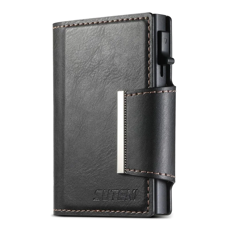 SUTENI Étui à Cartes Magnétique avec Texture Cirée en Cuir PU + Métal, Boîtier à Cartes Automatique Pop-Up - Noir