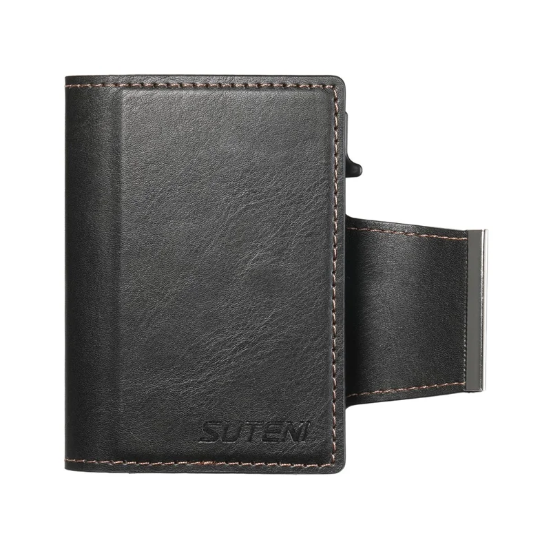 SUTENI Étui à Cartes Magnétique avec Texture Cirée en Cuir PU + Métal, Boîtier à Cartes Automatique Pop-Up - Noir