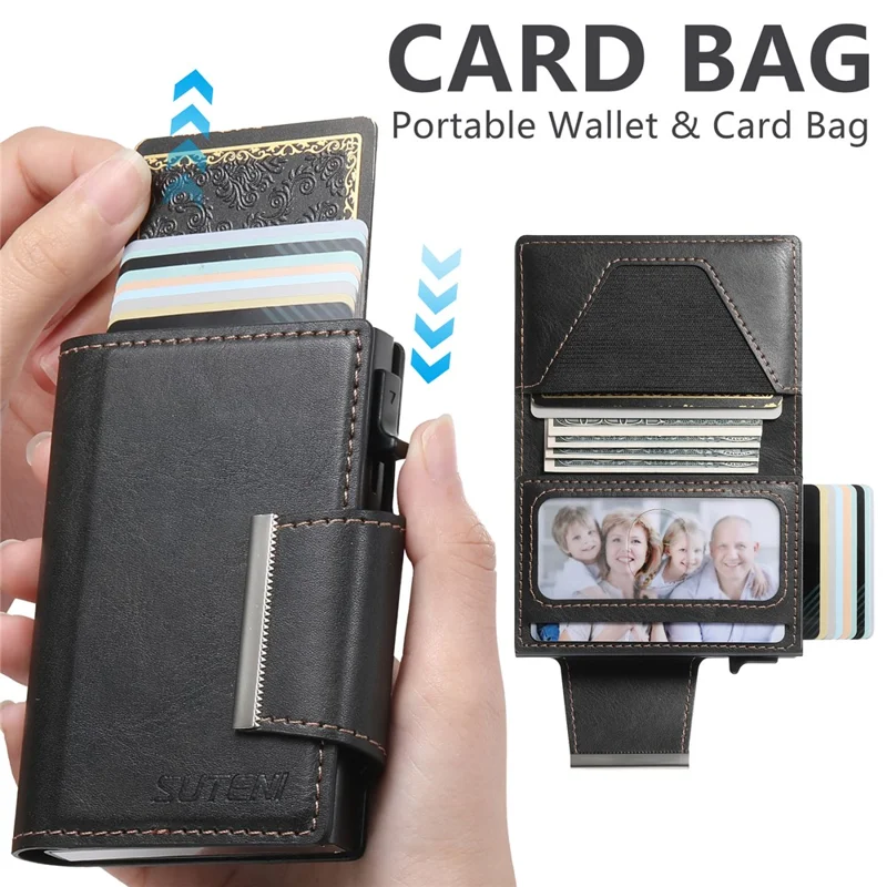 SUTENI Étui à Cartes Magnétique avec Texture Cirée en Cuir PU + Métal, Boîtier à Cartes Automatique Pop-Up - Noir