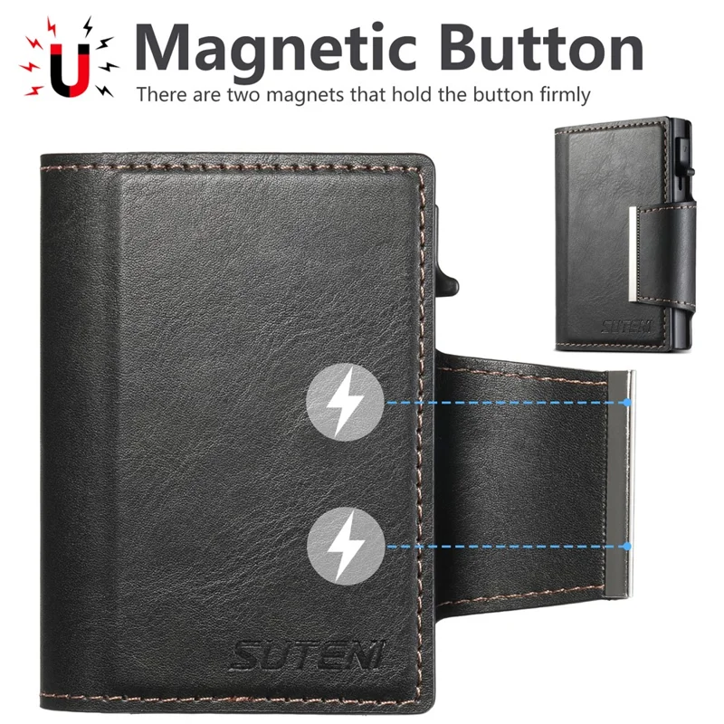 SUTENI Étui à Cartes Magnétique avec Texture Cirée en Cuir PU + Métal, Boîtier à Cartes Automatique Pop-Up - Noir