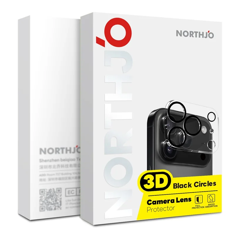 NORTHJO 2 шт. Защитное стекло для объектива камеры iPhone 17 Pro, черные круги, 3D полное покрытие, прозрачное закаленное стекло