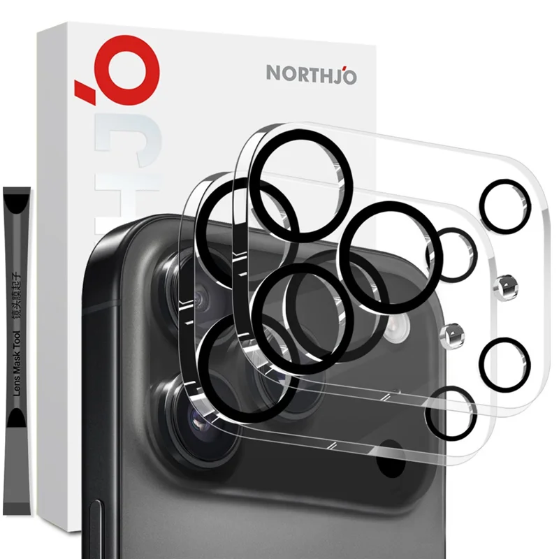NORTHJO 2 шт. Защитное стекло для объектива камеры iPhone 17 Pro Max, черные круги, 3D полное покрытие, прозрачное закаленное стекло