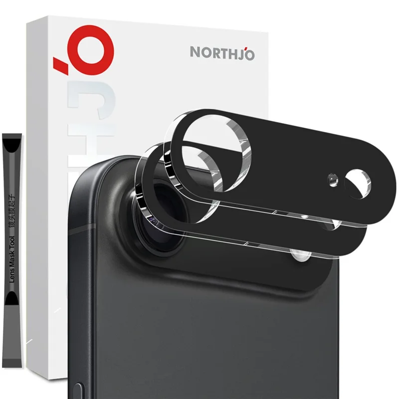NORTHJO 2 Pièces Protection d'Objectif de Caméra en Verre Trempé 3D Transparent pour iPhone 17 - Impression Noir Soie