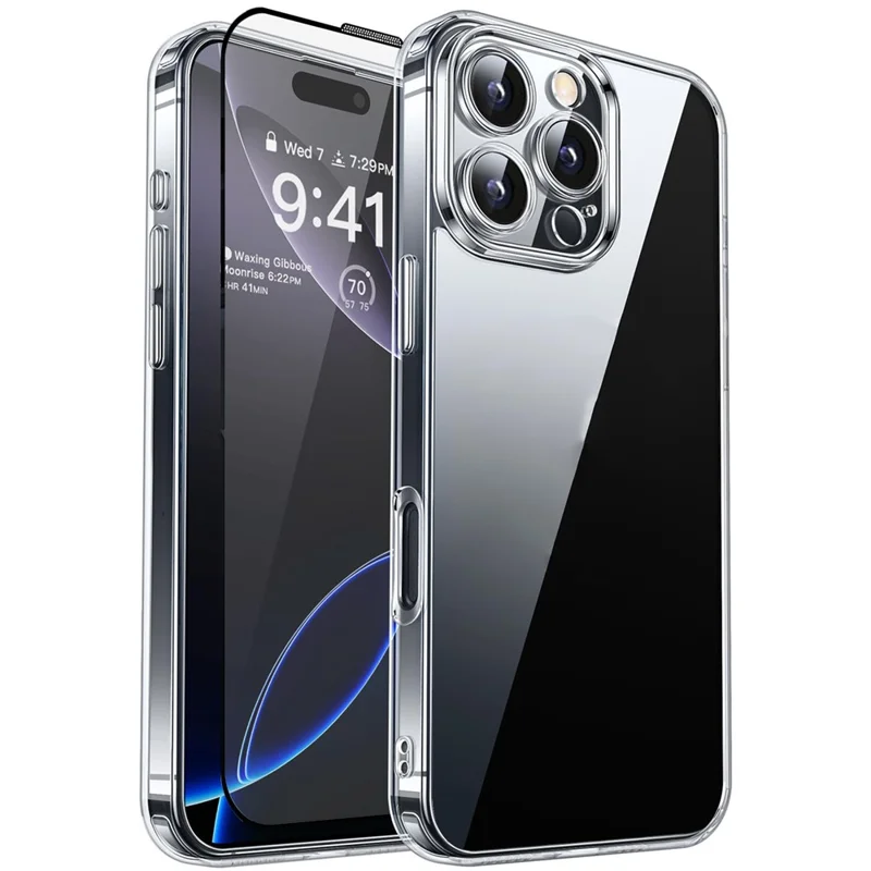 RURIHAI Para iPhone 14 Pro Capa Transparente de TPU com Instalação Fácil e Película de Vidro de Alumínio-Silício de Alta Qualidade