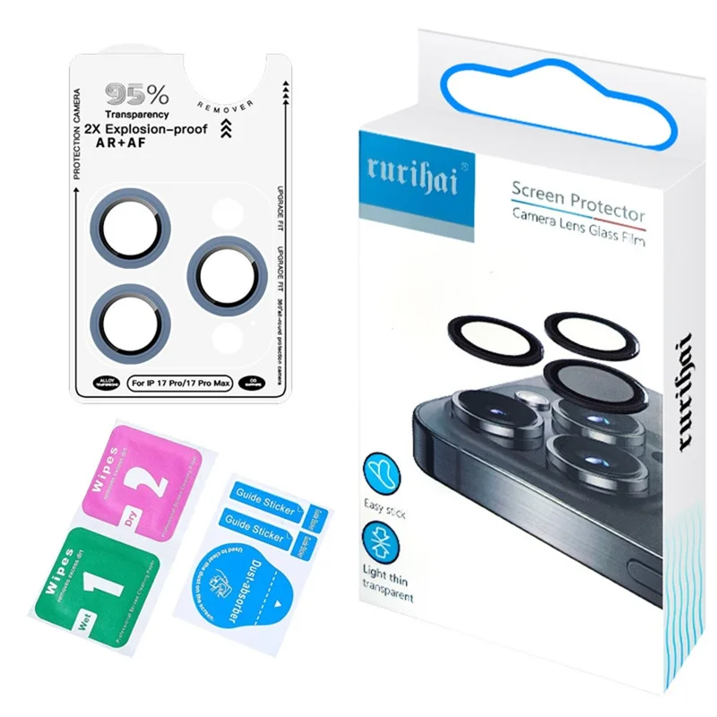 RURIHAI For iPhone 17 Pro Camera Lens Protector Tempered Glass Metal Ring Lens Film - Navy Blue