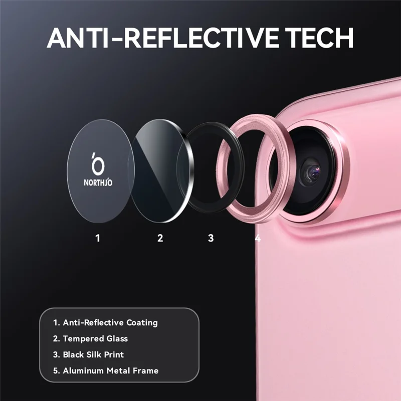 NORTHJO для iPhone 17 Защита объектива камеры Закаленное стекло Защитное кольцо для объектива 1:1 Оригинальный дизайн - Розовый