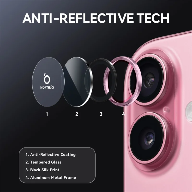 NORTHJO 1 Conjunto de Película de Vidro Temperado para Lente de Câmera de iPhone 17 com Anel de Metal em Veias de CD - Rosa