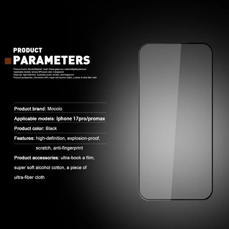 MOCOLO Per iPhone 17 Pro Pellicola Protettiva Schermo Antischeggia in Vetro Temperato con Stampa Serigrafica - Nero