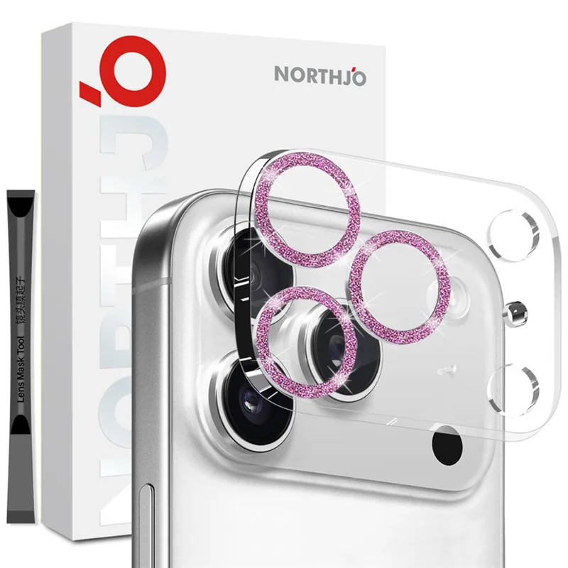 NORTHJO Para iPhone 17 Pro Protetor de Lente da Câmera Glitter Bling Círculos Vidro Temperado HD Transparente Cobertura Total - Rosa