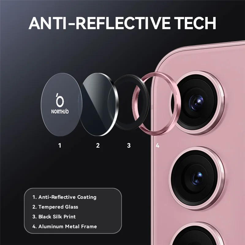 NORTHJO 1 Set For Samsung Galaxy S25 FE Tempered Glass Camera Lens Film CD Veins Metal Ring Lens Guard - Pink
