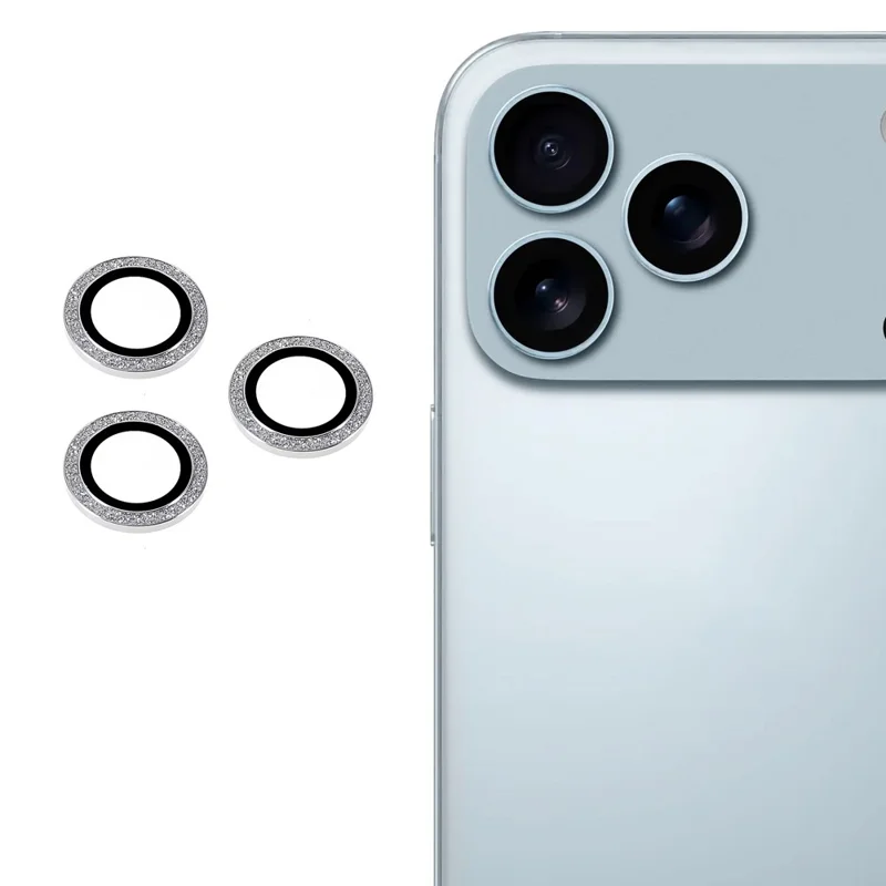 For iPhone 17 Pro Max / 17 Pro Camera Lens Protector Set Bling Glitter Metal Ring Tempered Glass Lens Film - Silver