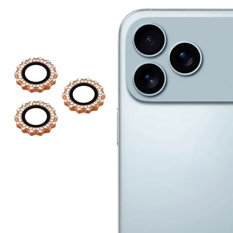 1 Conjunto de Protetor de Lente de Câmera em Vidro Temperado com Formato de Engrenagem para iPhone 17 Pro Max / 17 Pro - Decoração com Strass - Laranja