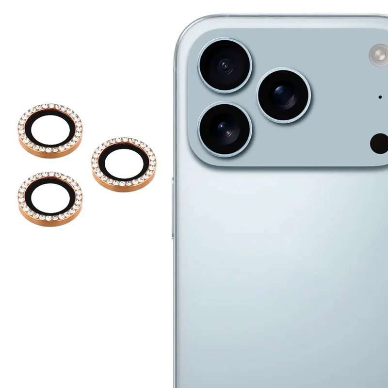Per iPhone 17 Pro Max / 17 Pro Protezione Lenti della Fotocamera Cornice in Metallo con Strass + Pellicola Protettiva in Vetro Temperato per Obiettivo Posteriore - Oro