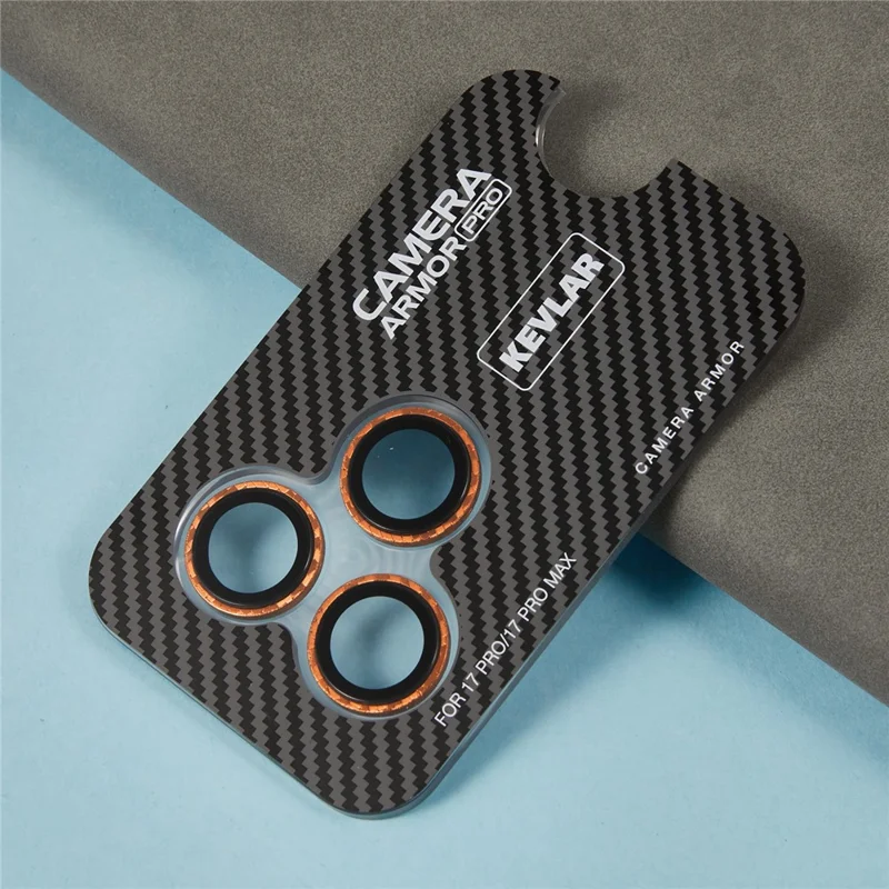 For iPhone 17 Pro Max / 17 Pro Camera Lens Protector Kevlar Textured Metal Tempered Glass Lens Film - Orange