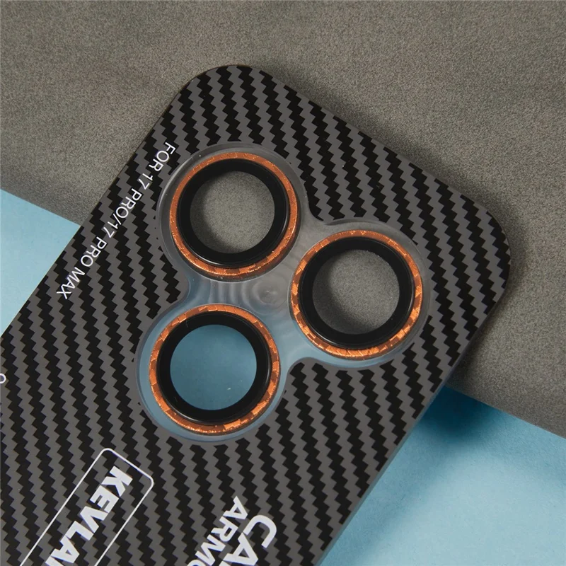 For iPhone 17 Pro Max / 17 Pro Camera Lens Protector Kevlar Textured Metal Tempered Glass Lens Film - Orange