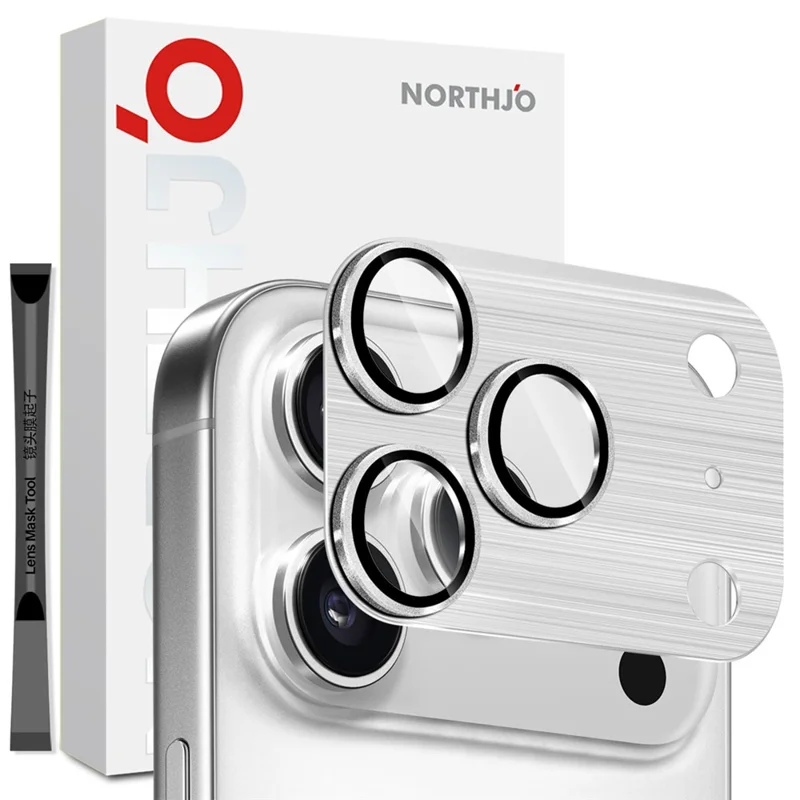 NORTHJO Pour iPhone 17 Pro Max Protecteur d'objectif de caméra Métal brossé intégré Film en verre trempé - Argent