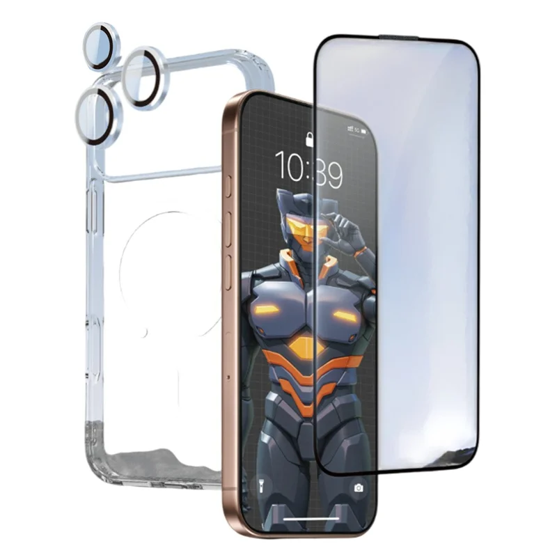 URR For iPhone 17 Pro Max Magnetic Case TPU + PC Clear Phone Cover with Screen Protector + Lens Film