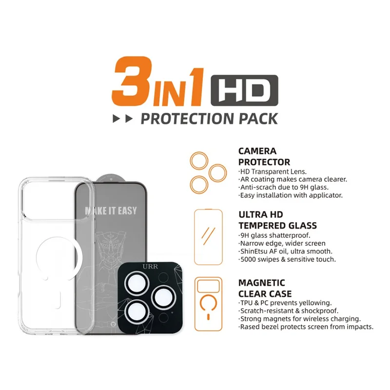URR For iPhone 17 Pro Max Magnetic Case TPU + PC Clear Phone Cover with Screen Protector + Lens Film