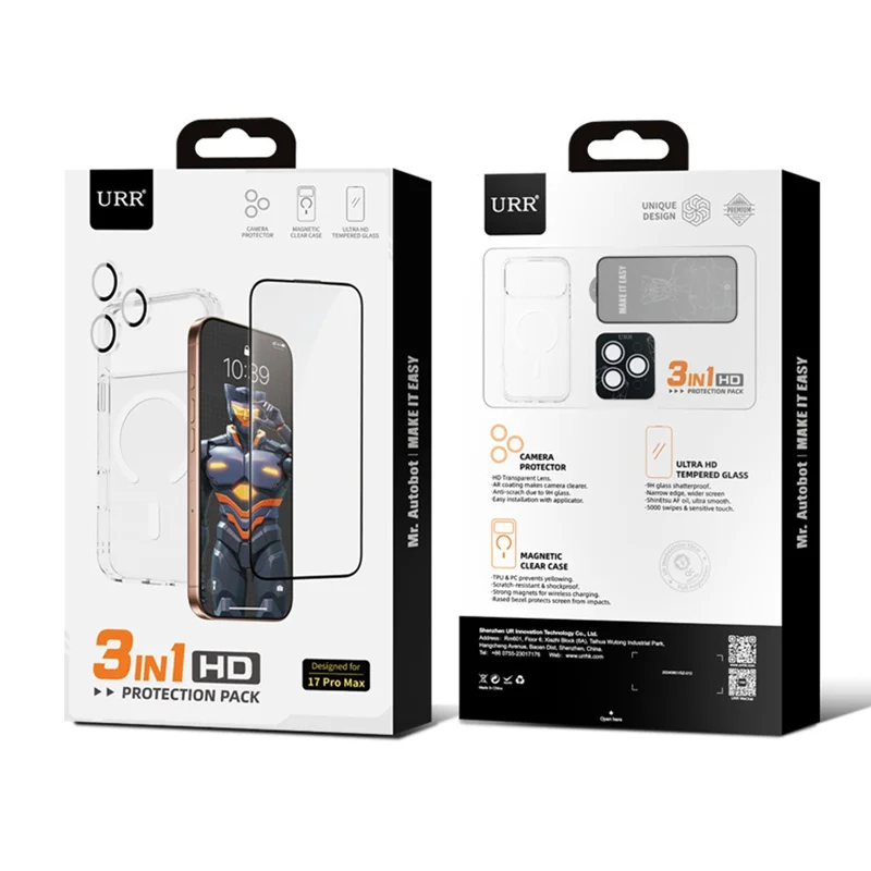 URR For iPhone 17 Pro Magnetic Case TPU + PC Clear Phone Cover with Screen Protector + Lens Film