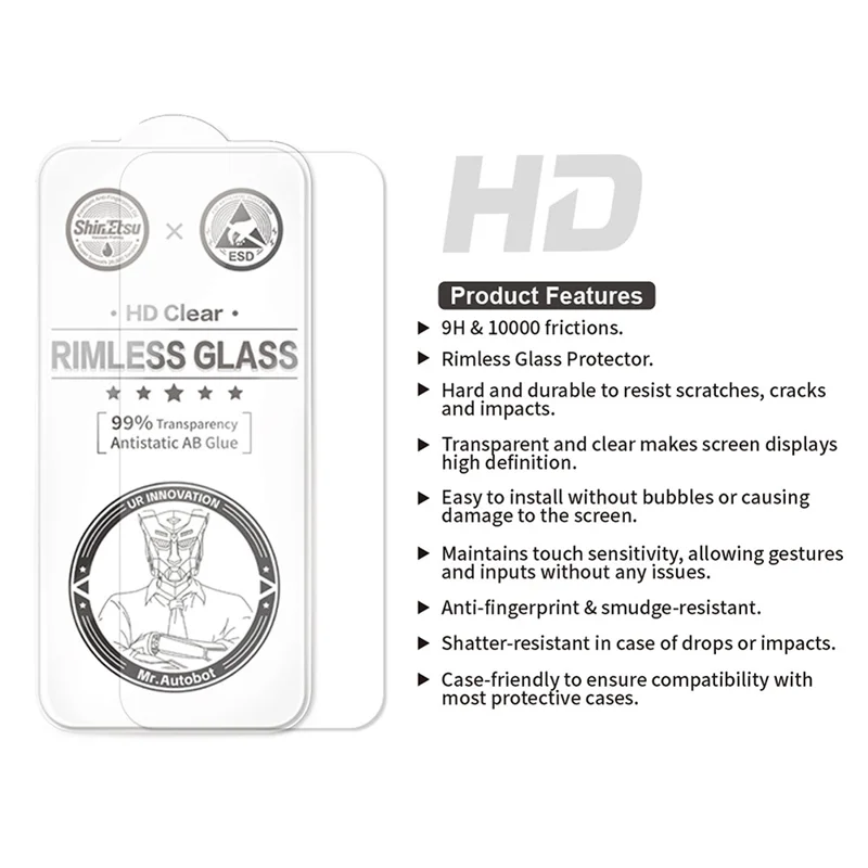 URR For iPhone 15 Pro Max Screen Protector No Black Edge Clear 0.25 Arc 9H Tempered Glass Film