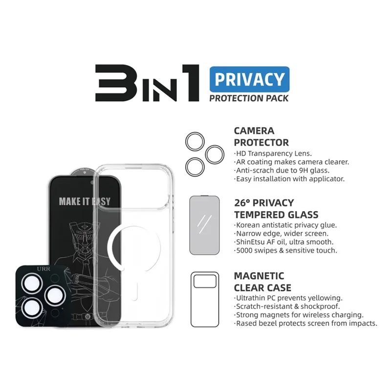 URR For iPhone 17 Pro Magnetic Case with Privacy Screen Protector / Lens Film TPU + PC Clear Phone Cover
