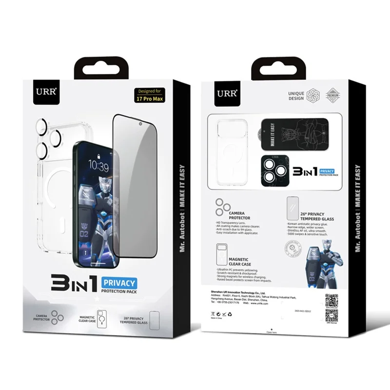 URR For iPhone 17 Pro Magnetic Case with Privacy Screen Protector / Lens Film TPU + PC Clear Phone Cover