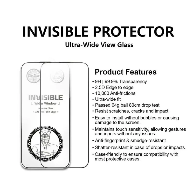 URR For iPhone 17 Pro HD Screen Protector Invisible Shield Ultra Slim Black Edge 9H Tempered Glass Film