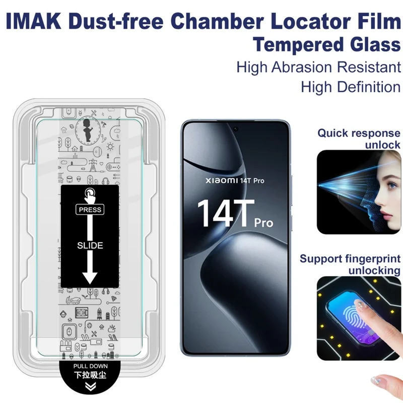 IMAK H Series Para Xiaomi 14T Pro Protetor de Tela de Vidro Temperado Filme de Instalação Livre de Poeira (Desbloqueio de Impressão Digital)