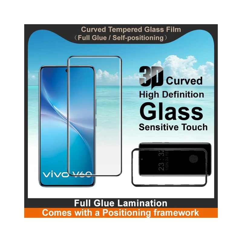 IMAK Für vivo V60 5G Bildschirmschutz 3D Gekrümmtes Gehärtetes Glasfilm mit Positionierungsrahmen (Fingerabdruckentsperre)