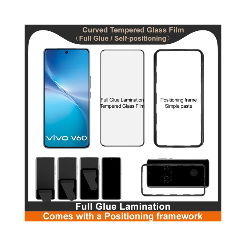 IMAK Für vivo V60 5G Bildschirmschutz 3D Gekrümmtes Gehärtetes Glasfilm mit Positionierungsrahmen (Fingerabdruckentsperre)