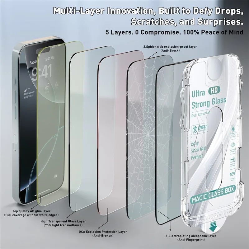 Screen Protector til iPhone 15 Pro Max, kantpresning, HD, temperskiver med automatisk støvsugningsværktøj