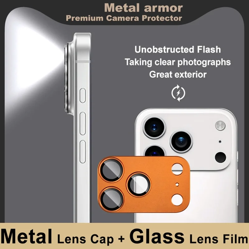 IMAK til iPhone 17 Pro Kameraobjektivfilm Metal Lens Cap + Hærdet Glas Objektivbeskytter - Orange