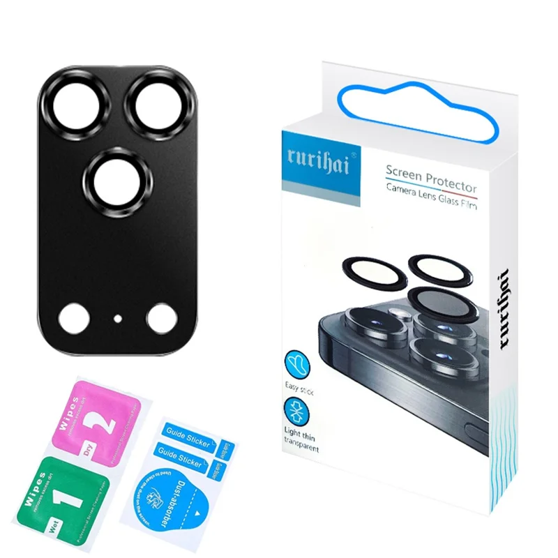 RURIHAI For iPhone 17 Pro Max Matte Full Coverage Camera Lens Protector Titanium Alloy Frame Tempered Glass Lens Film - Black