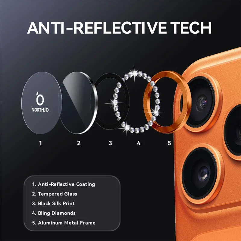 Protetor de Lente NORTHJO para iPhone 17 Pro / 17 Pro Max Anel de Strass Película de Vidro Temperado para Lente - Laranja
