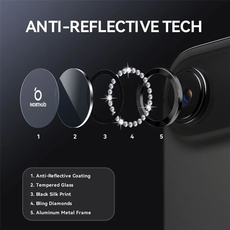 NORTHJO For iPhone Air Camera Lens Protector Rhinestone Ring Tempered Glass Lens Film - Black