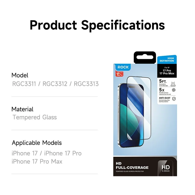 ROCK For iPhone 17 Pro Tempered Glass Full Screen Protector Silk Printing Ultra Clear Full Glue Film