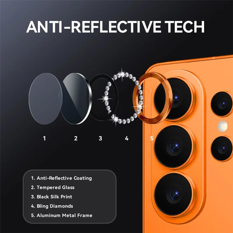 NORTHJO For Samsung Galaxy S26 Ultra Camera Lens Protector Rhinestone Ring Tempered Glass Lens Film (Complete Coverage) - Orange