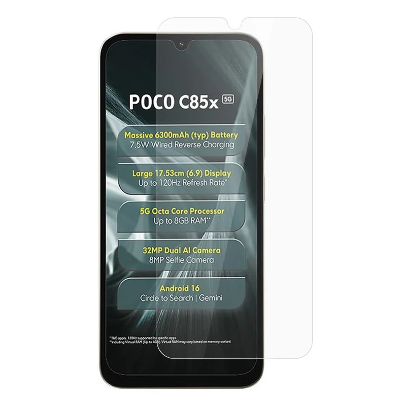 For Xiaomi Poco C85x 5G Screen Protector 0.3mm Arc Edge Tempered Glass Film, Not Complete Coverage - Transparent