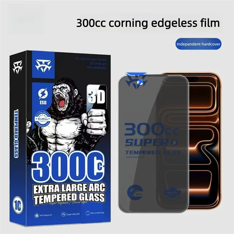 10Pcs for iPhone 17 Pro Max Tempered Glass Film 300CC Edgeless Anti-static Anti-spy Full Screen Protector - Black