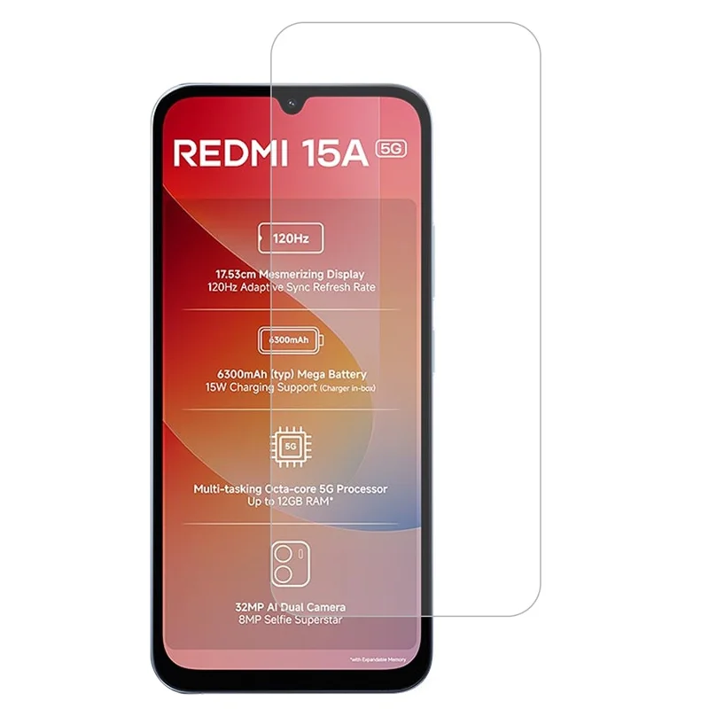 For Xiaomi Redmi 15a 5G Screen Protector 0.3mm Arc Edge Tempered Glass Film, Not Complete Coverage - Transparent