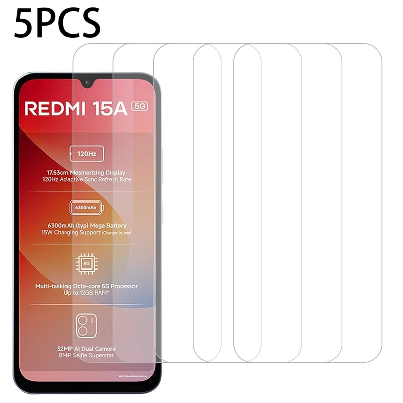 5Pcs For Xiaomi Redmi 15a 5G Front Screen Protector 0.3mm 2.5D Tempered Glass Film, Not Full Covering - Transparent