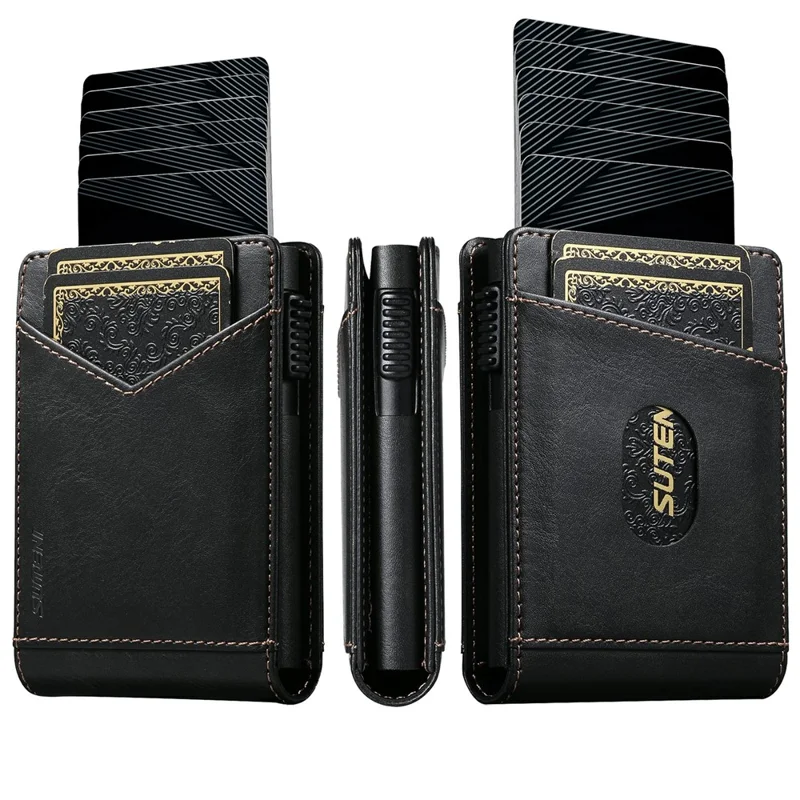SUTENI KH8 Oil Wax Texture Leather Card Wallet Pop Up Card Holder RFID Blocking Card Case - Black