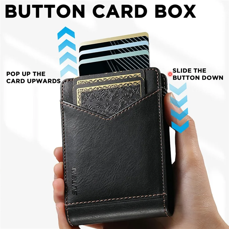 SUTENI KH8 Oil Wax Texture Leather Card Wallet Pop Up Card Holder RFID Blocking Card Case - Black