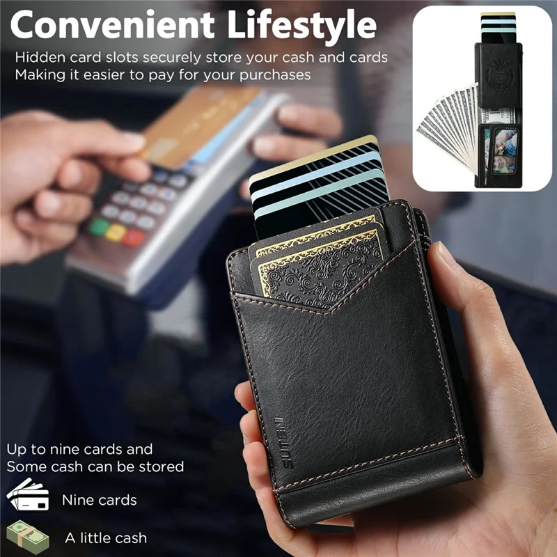 SUTENI KH8 Oil Wax Texture Leather Card Wallet Pop Up Card Holder RFID Blocking Card Case - Black