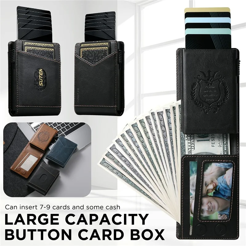 SUTENI KH8 Oil Wax Texture Leather Card Wallet Pop Up Card Holder RFID Blocking Card Case - Black