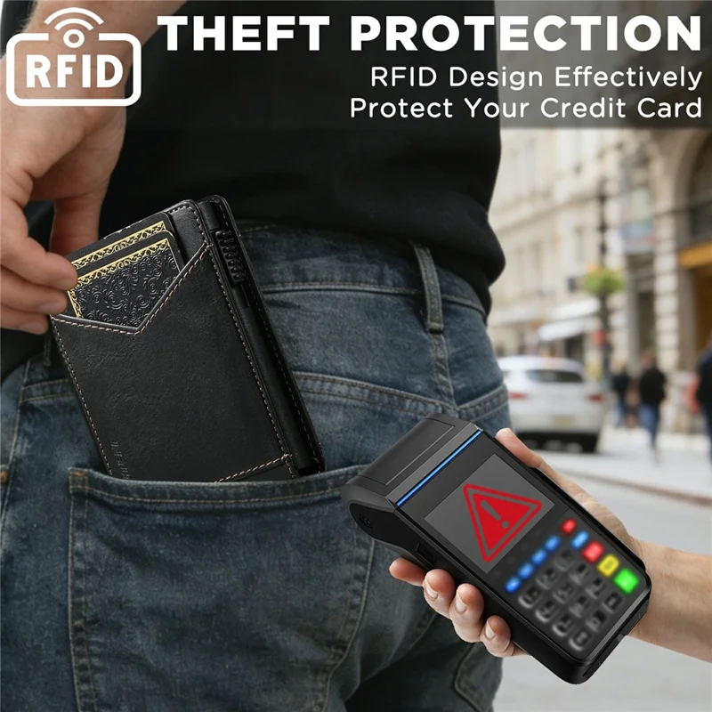 SUTENI KH8 Oil Wax Texture Leather Card Wallet Pop Up Card Holder RFID Blocking Card Case - Black