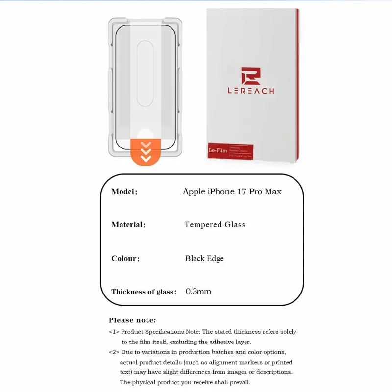 LEREACH Per iPhone 17 Pro Max Protezione Schermo in Vetro Temperato Anti-impronte con Strumento per Installazione Senza Polvere - Nero