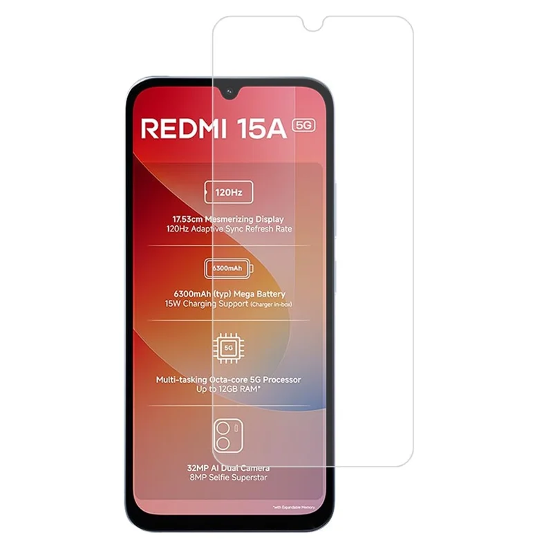 For Xiaomi Redmi 15a 5G Screen Protector 2.5D High Aluminium-Silicon Glass Film Electroplated Coating (Not Complete Covering) - Transparent