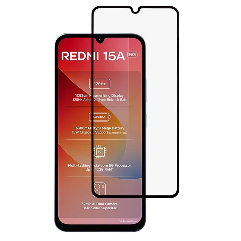 Protecteur d'écran intégral pour Xiaomi Redmi 15a 5G, film clair HD à collage total avec impression silk, couleur noire